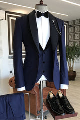 Navy Blue Shawl Collar Three-Piece Elegant Groom's Suit