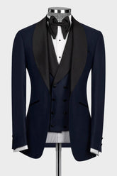 Navy Blue Shawl Collar Three-Piece Wedding Men's Ensemble