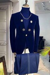 Navy Blue Shawl Collar Two-Piece Velvet Groom's Suit For Wedding