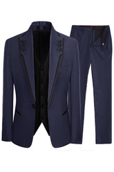 Navy Blue Shawl Lapel Close-Fitting Three-Piece Prom Suit