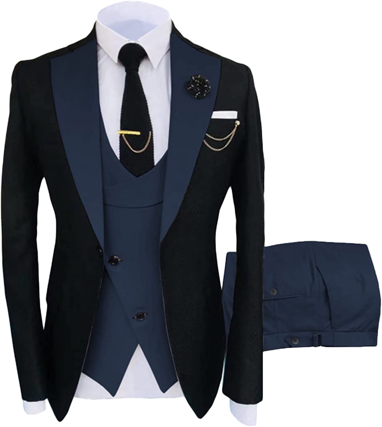 Navy Blue Shawl Lapel Three-Piece Formal Prom Ensemble