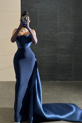 Navy Blue Strapless Sleeveless Draped Mermaid Satin Floor Length Formal Evening Gown