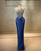Navy strapless rhinestone mermaid evening dress