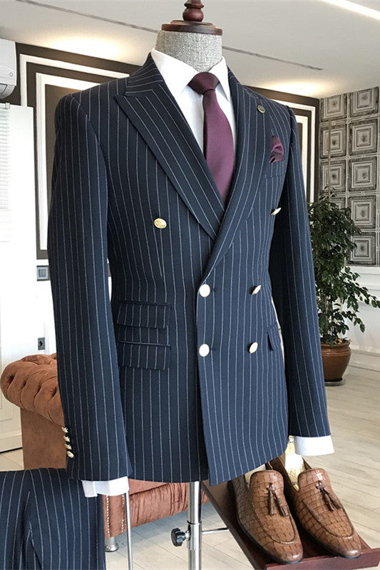 Navy Blue Striped Double Breasted Peaked Lapel Business Suit