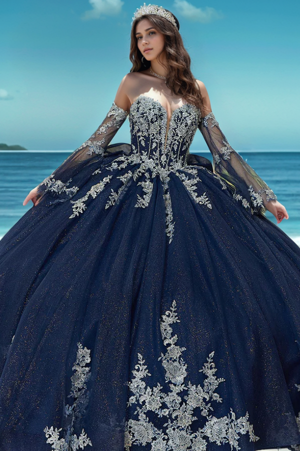 Navy Blue Sweetheart Long Sleeve Beaded Applique Lace Bow Ball Gown Quinceanera Dress