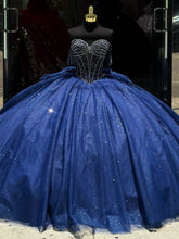 Navy Blue Sweetheart Sleeveless Beaded Rhinestone Bow Ruffles Ball Gown Quinceanera Dress