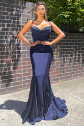 Navy Blue Sweetheart Sleeveless Mermaid Beaded Ruffles Floor Length Formal Evening Gown