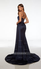 Navy Blue Sweetheart Sleeveless Mermaid Satin Rhinestone Corset Floor Length Evening Gown