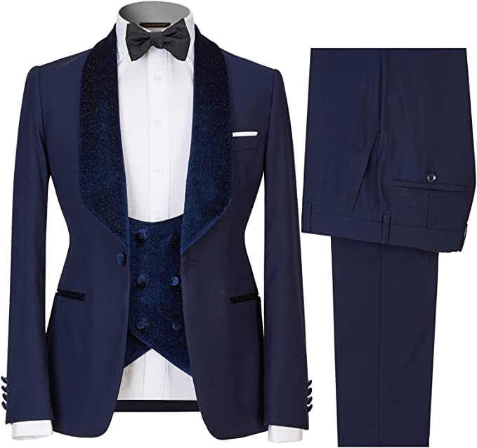 Navy Blue Trim Fit Three-Piece Groom's Wedding Suit