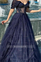 Navy Off-the-Shoulder Sweetheart A-Line Tulle Beaded Sequin Floor Formal Evening Gown