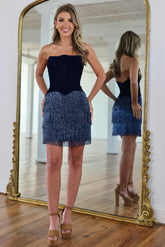 Navy strapless glitter bodycon homecoming dress