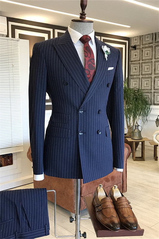 Navy Striped Double-Breasted Peaked Lapel Business Suit