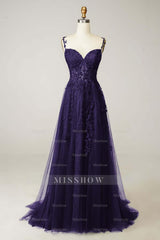 Navy Sweetheart Sleeveless A-line Tulle Lace Applique Floor Length Formal Evening Dress