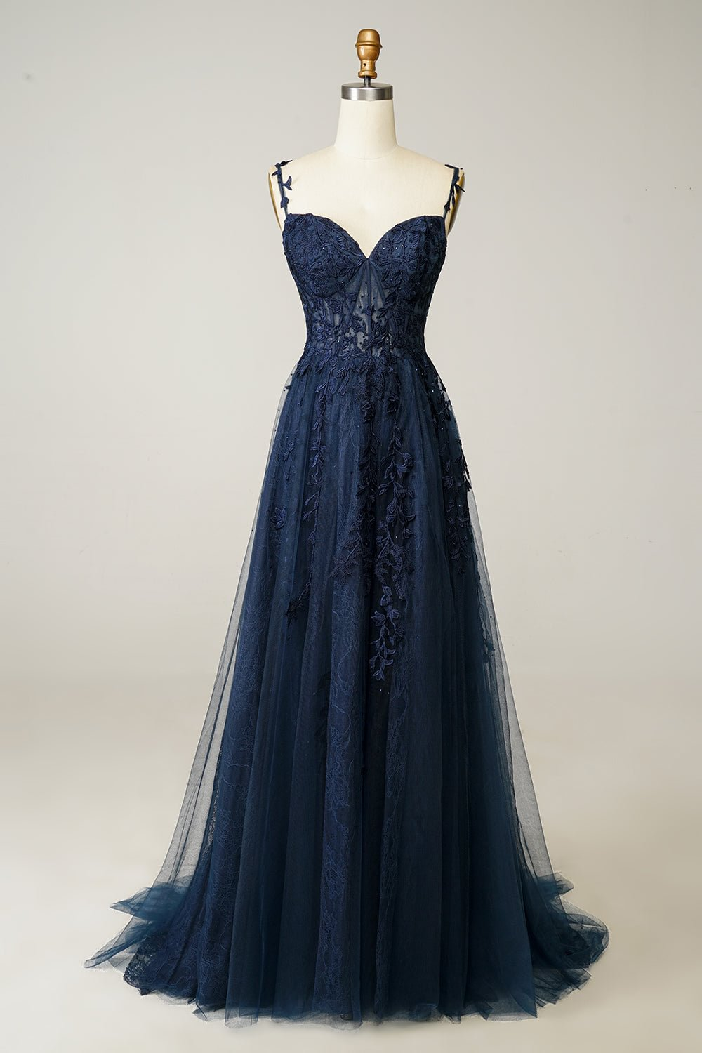 Navy Sweetheart Sleeveless A-line Tulle Lace Applique Floor Length Formal Evening Dress