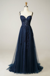 Navy Sweetheart Sleeveless A-line Tulle Lace Applique Floor Length Formal Evening Dress