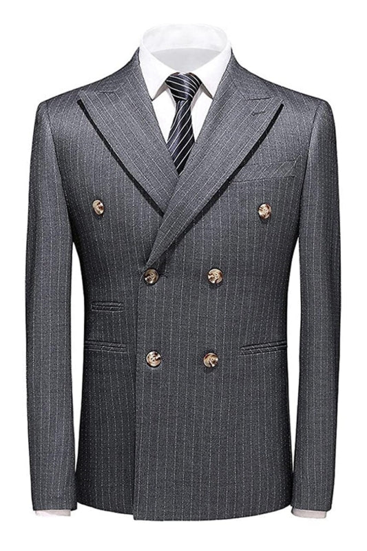 Formal Dark Gray Double Breasted Peak Lapel Striped Men's Business Suit