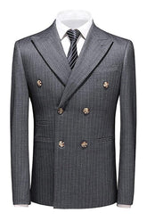 Formal Dark Gray Double Breasted Peak Lapel Striped Men's Business Suit