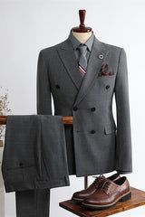 New Arrival Dark Gray Peak Lapel Double Breasted Checkered Men’s Suits