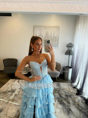 Sky blue strapless split-front A-line prom dress