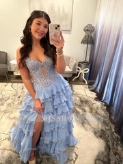 New Arrival Long Blue A-line Strapless Lace Prom Dress with Slit