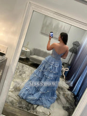 New Arrival Long Blue A-line Strapless Lace Prom Dress with Slit