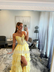 New Arrival Long Blue A-line Strapless Lace Prom Dress with Slit