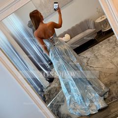 New Arrival Long Blue A-line Strapless Prom Dress with Pockets