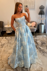 New Arrival Long Blue A-line Strapless Prom Dress with Pockets