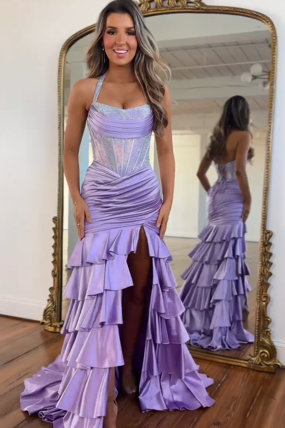 New Arrival Long Purple Mermaid Halter Glitter Prom Dress with Slit New Arrival Long Purple Mermaid Halter Glitter Prom Dress with Slit