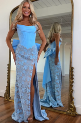 New Arrival Long Sky Blue Strapless Mermaid Lace Prom Dress with Slit and Bow