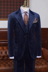 New Arrival Navy Blue Notched Lapel Three-Piece Velvet Prom Suit