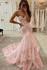 Blushing pink sweetheart applique mermaid wedding dress