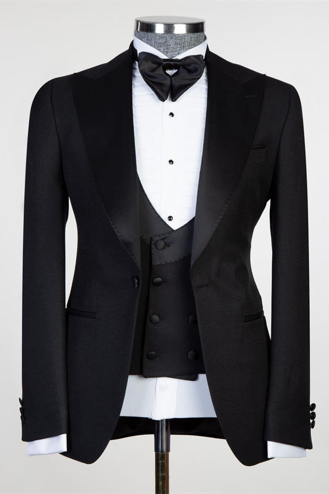 New Black Three-Piece Men’s Suit with Satin Peaked Lapel