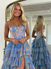 New Blue A-Line Strapless Sleeveless Printed Prom Dress with Ruffles