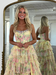 New Blue A-Line Strapless Sleeveless Printed Prom Dress with Ruffles