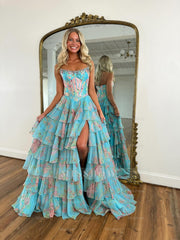 New Blue A-Line Strapless Sleeveless Printed Prom Dress with Ruffles