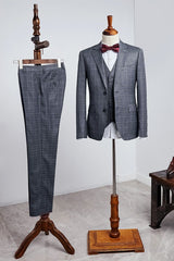 New Dark Gray Plaid Slim Fit Tailored Business Men’s Suit