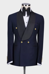 New Dark Navy Shawl Lapel Double Breasted Wedding Suit
