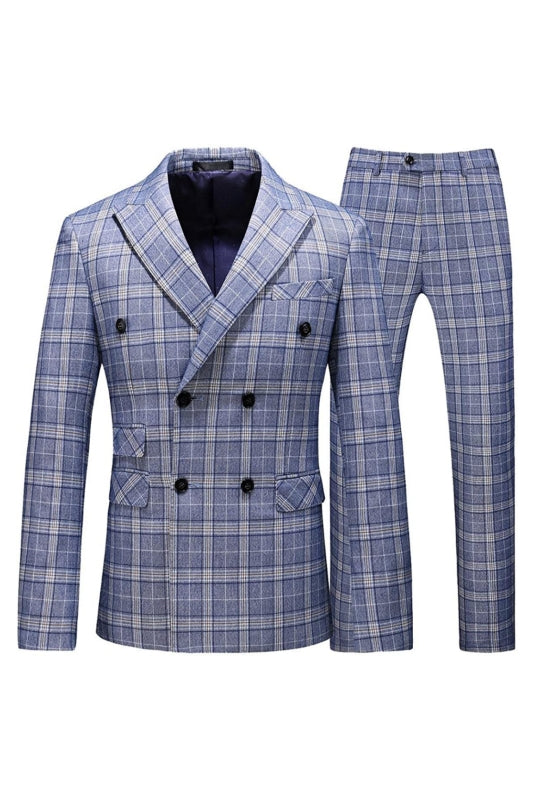 New Light Blue Double Breasted Plaid Business Suit for Men
