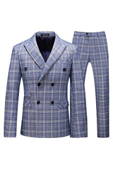 New Light Blue Double Breasted Plaid Business Suit for Men