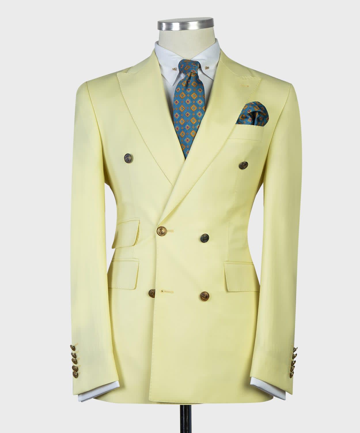 New Light Yellow Double Breasted Peak Lapel Men’s Suits