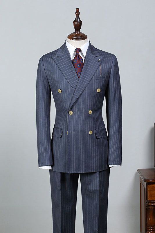 New Navy Blue Striped Peak Lapel Tailored Business Suit