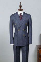 New Navy Blue Striped Peak Lapel Tailored Business Suit