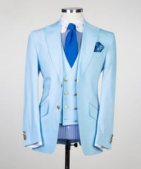 New Sky Blue Three-Piece Peak Lapel Slim Fit Men’s Suits