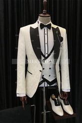 New White Jacquard Three-Piece Wedding Suits with Black Peaked Lapel