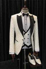 New White Jacquard Three-Piece Wedding Suits with Black Peaked Lapel