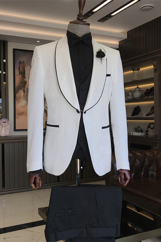 New White Three-Piece Jacquard Shawl Lapel Wedding Suit for Men