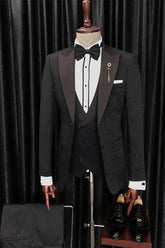 Newest Black Jacquard Three-Piece Peaked Lapel Wedding Men’s Suits