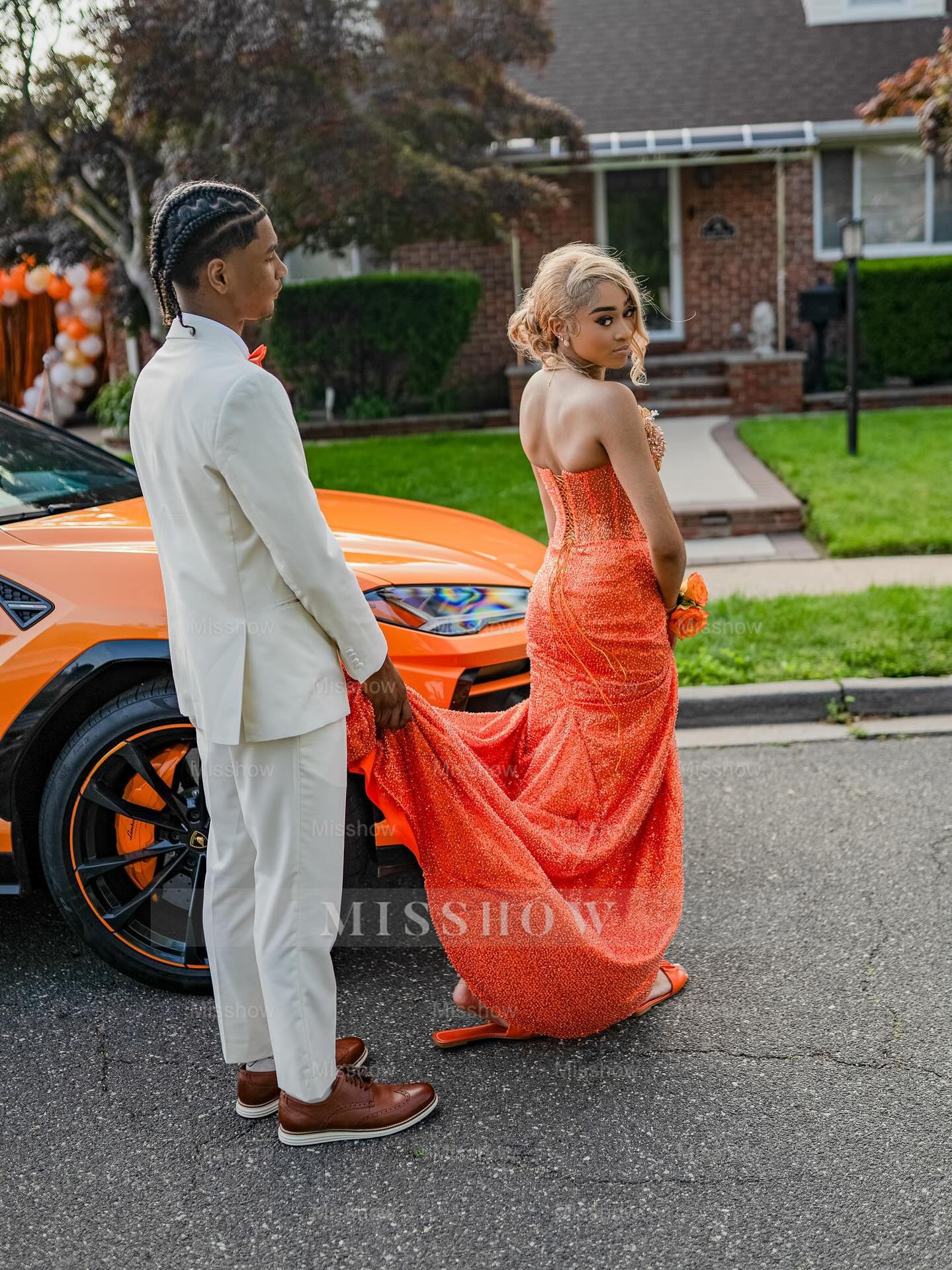 Newest Long Orange Strapless Sleeveless Mermaid Prom Dress with Sequins and Veil