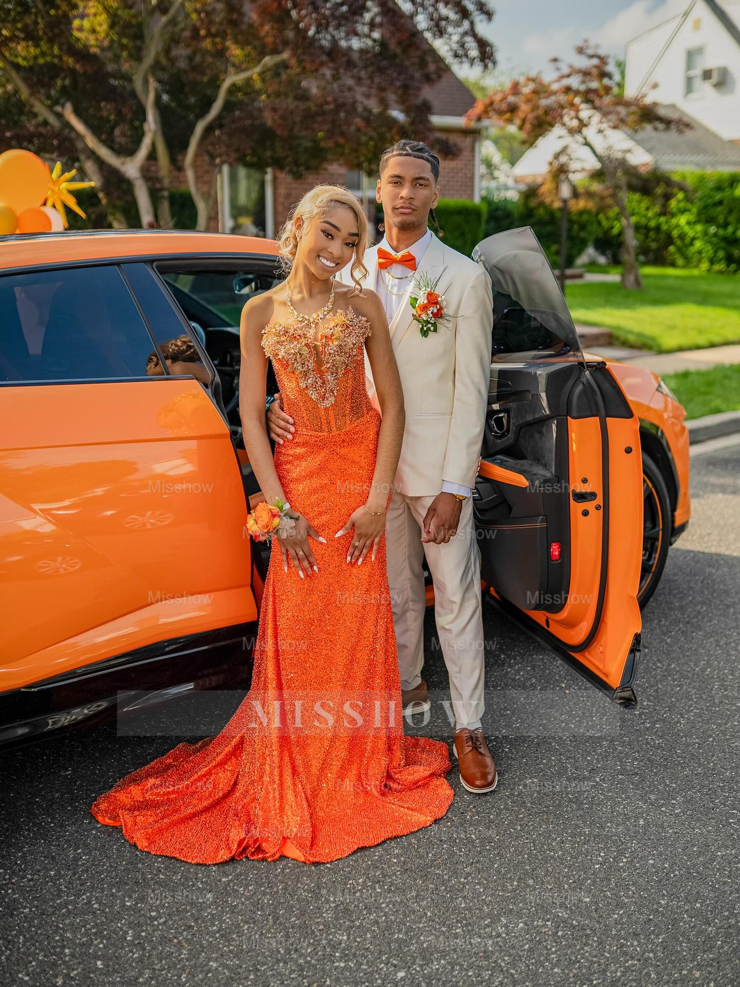 Newest Long Orange Strapless Sleeveless Mermaid Prom Dress with Sequins and Veil